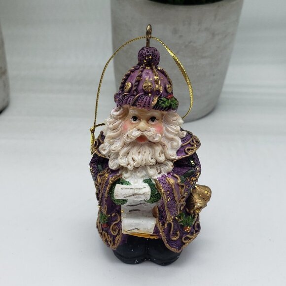 Glass Purple Bell Ceramic Blue Snowman Resin Purple Santa Mix Trio Ornament Set - Picture 11 of 11